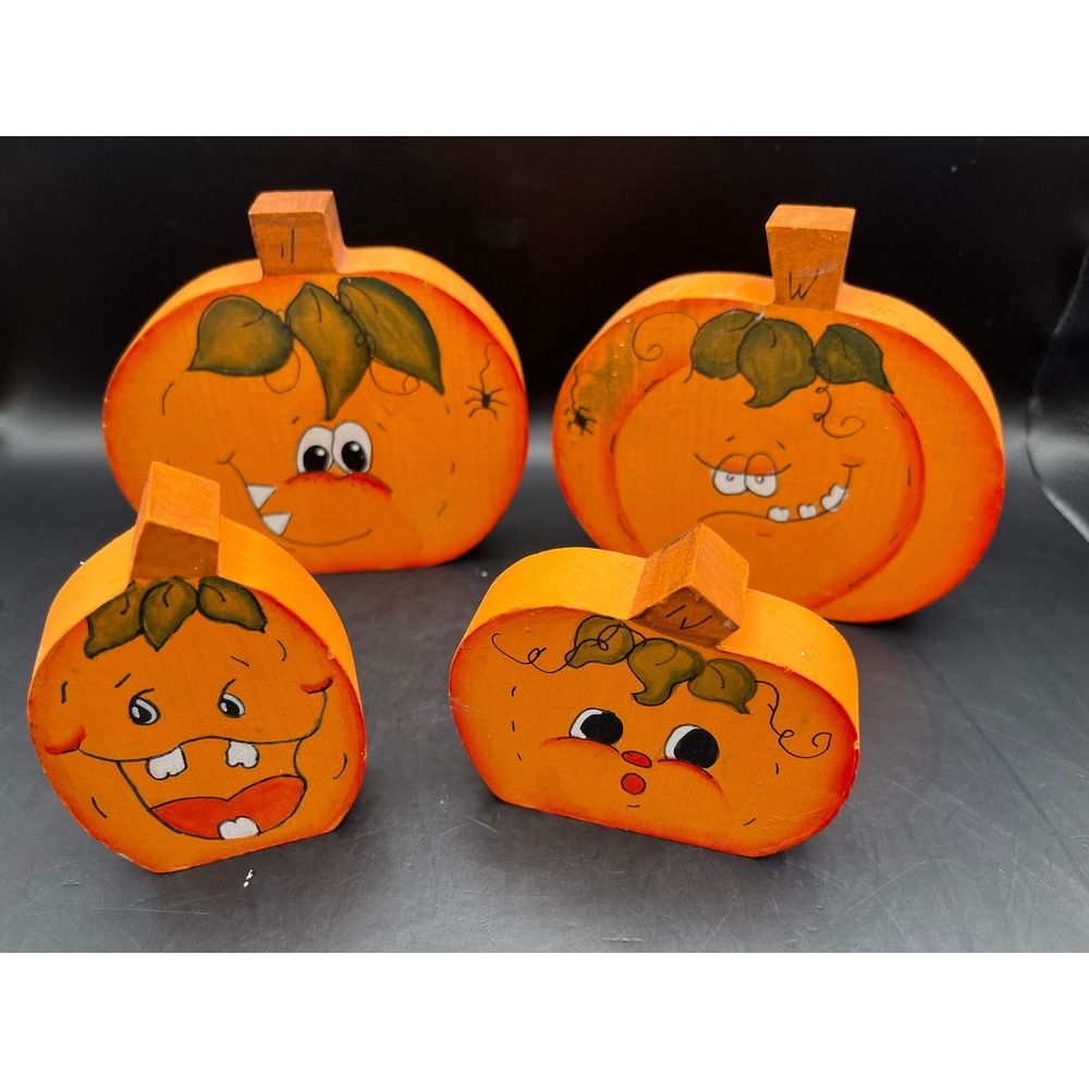 Set of 4 Adorable‎ Wooden Pumpkins Halloween Decor Hand Painted Faces Spiders